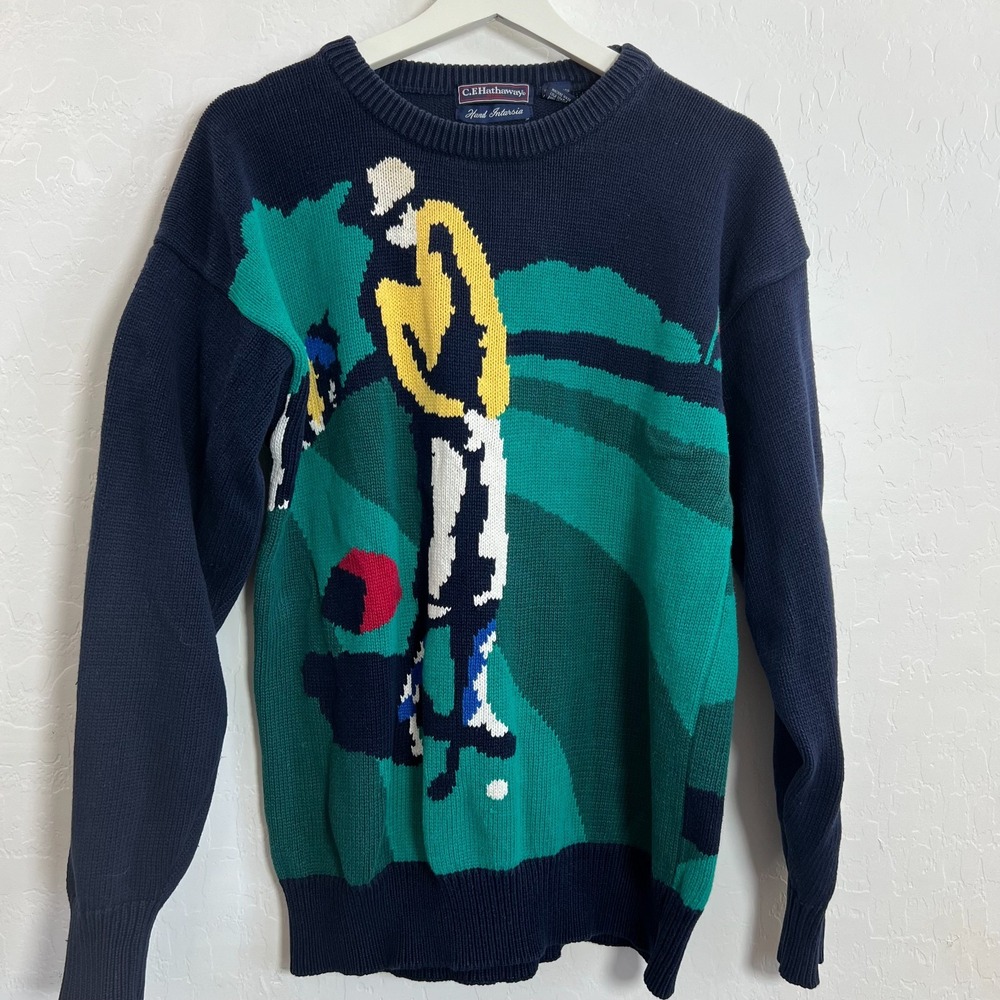 CF Hathaway Mens Golf Sweater Vintage 90s Hand Intarsia Knit Large
